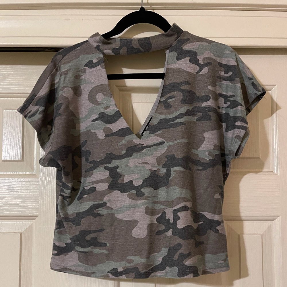Fashion Nova Deep V-neck Camo Top